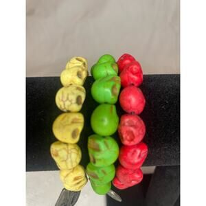 Skull Magnesite Bead Bracelet Set of 3 Red, Green, Yellow Custom GUC